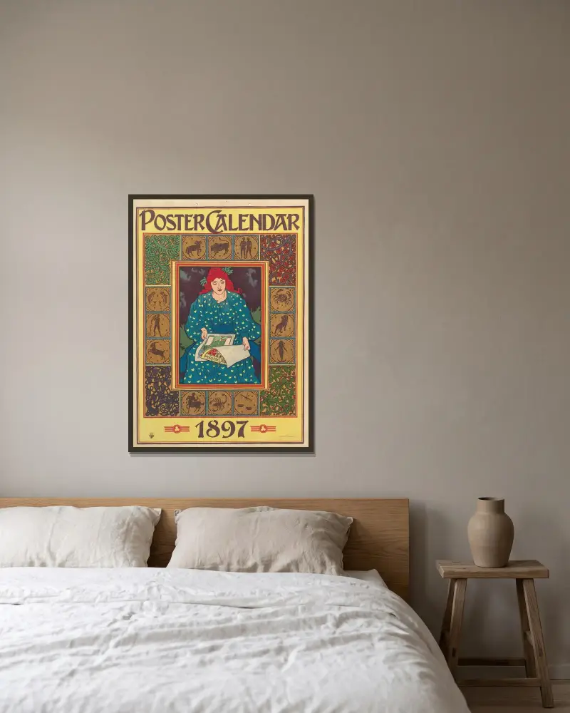 Poster Calendar, 1896 von Louis Rhead gerahmt an einer Wand