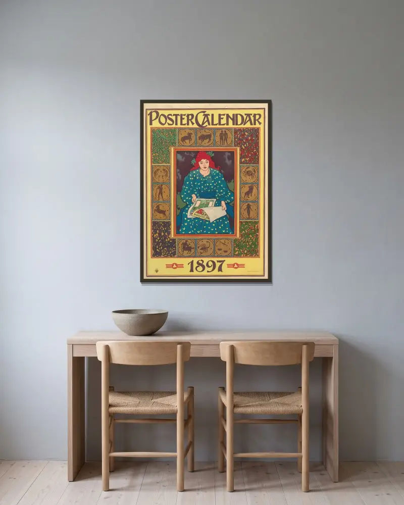 Poster Calendar, 1896 von Louis Rhead gerahmt an einer Wand