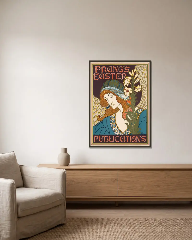 Prangs Osterpublikationen von Louis Rhead gerahmt an einer Wand