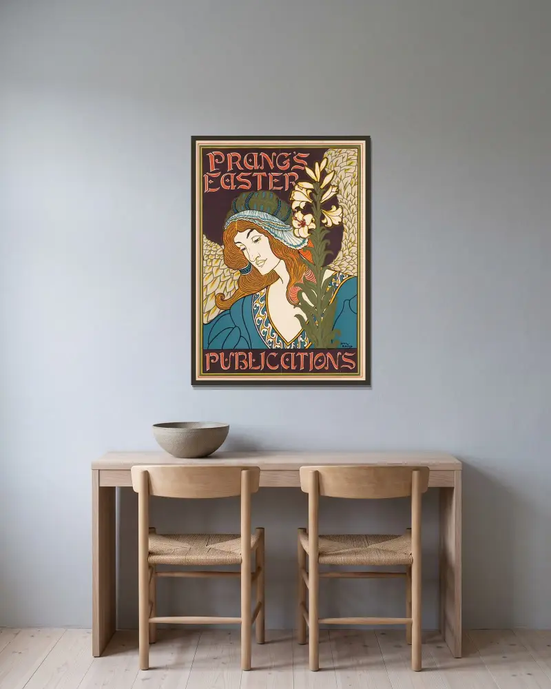 Prangs Osterpublikationen von Louis Rhead gerahmt an einer Wand
