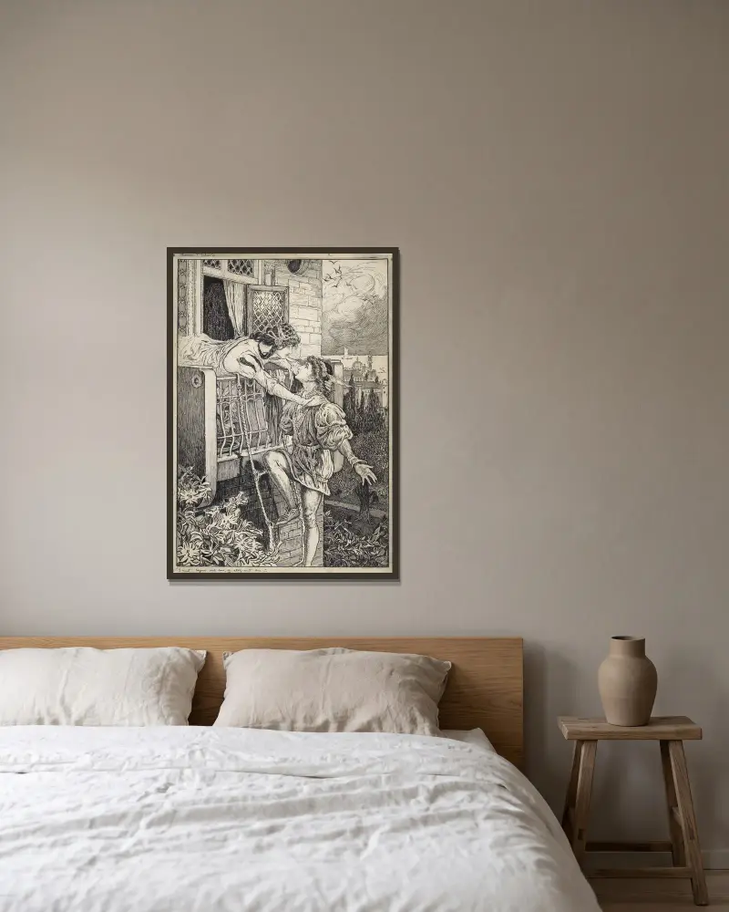 Romeo und Julia. Ich muss fort und leben, oder bleiben und sterben von Louis Rhead gerahmt an einer Wand