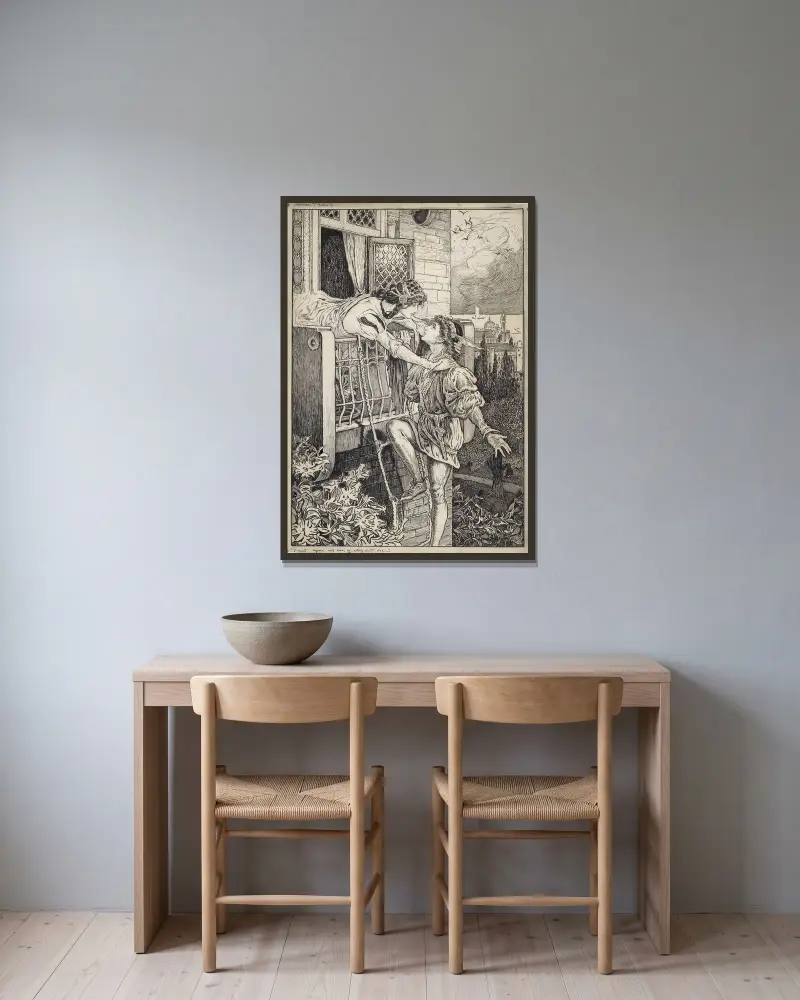 Romeo und Julia. Ich muss fort und leben, oder bleiben und sterben von Louis Rhead gerahmt an einer Wand