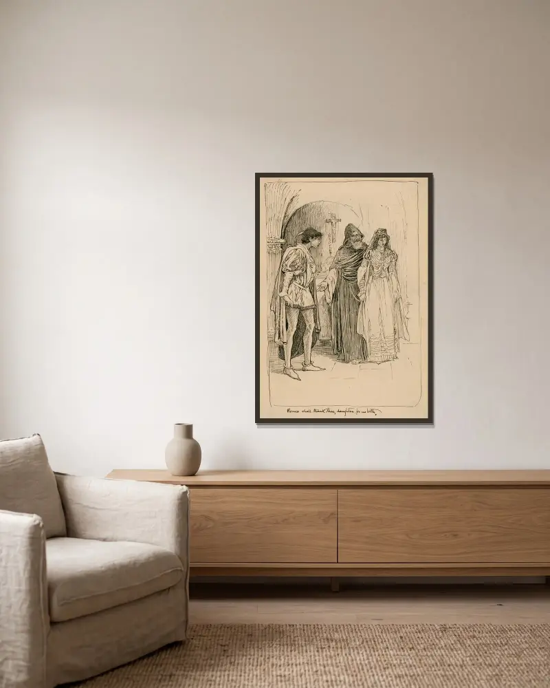 Romeo soll dir, Tochter, für uns beide danken von Louis Rhead gerahmt an einer Wand