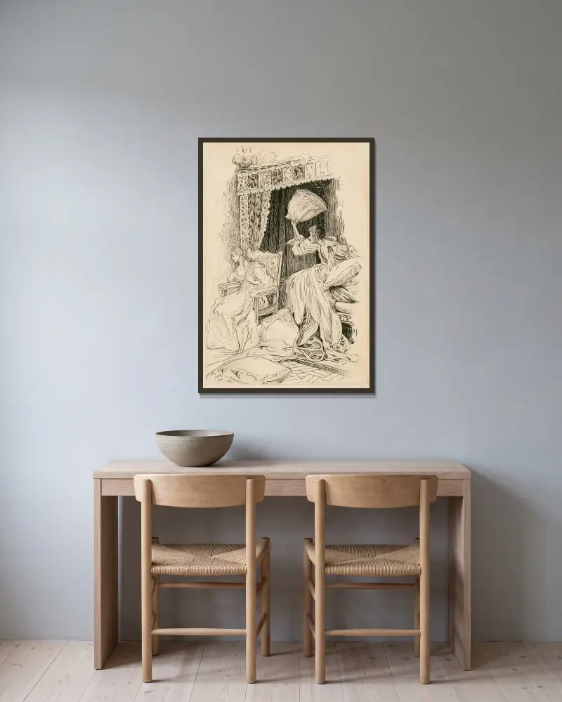 Der Widerspenstigen Zähmung, wie sie die Kissen und Bettwäsche im Zimmer umherwirft, sodass sie sich in einen Stuhl setzen musste von Louis Rhead gerahmt an einer Wand