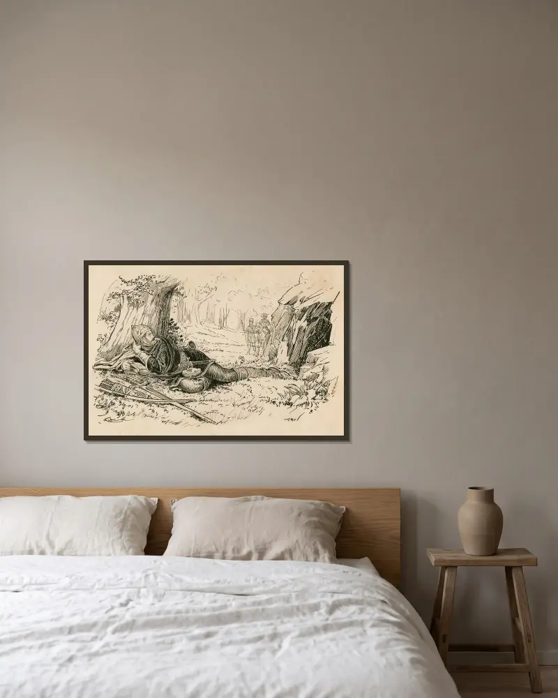 Zwei Herren aus Verona, Valentin als Hauptmann der Räuber von Louis Rhead gerahmt an einer Wand