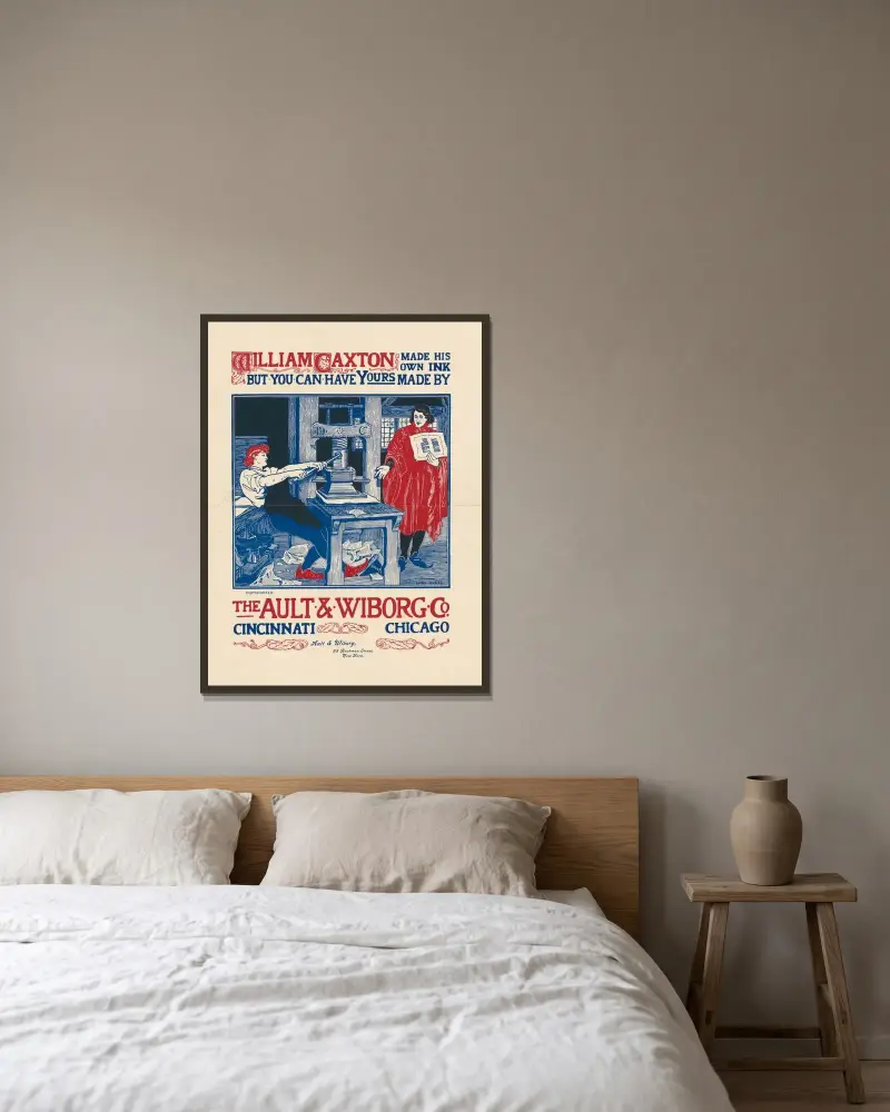 William Caxton stellte seine eigene Tinte her von Louis Rhead gerahmt an einer Wand