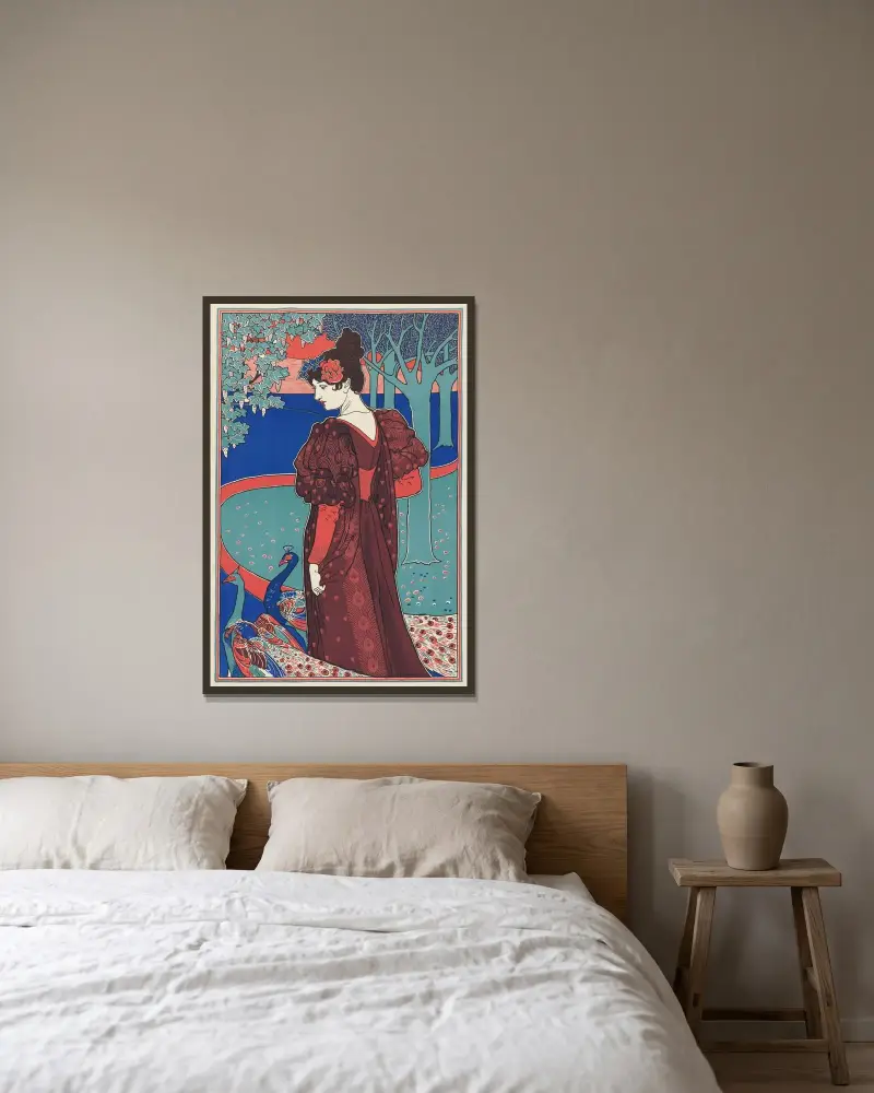Frau mit Pfauen von Louis Rhead gerahmt an einer Wand