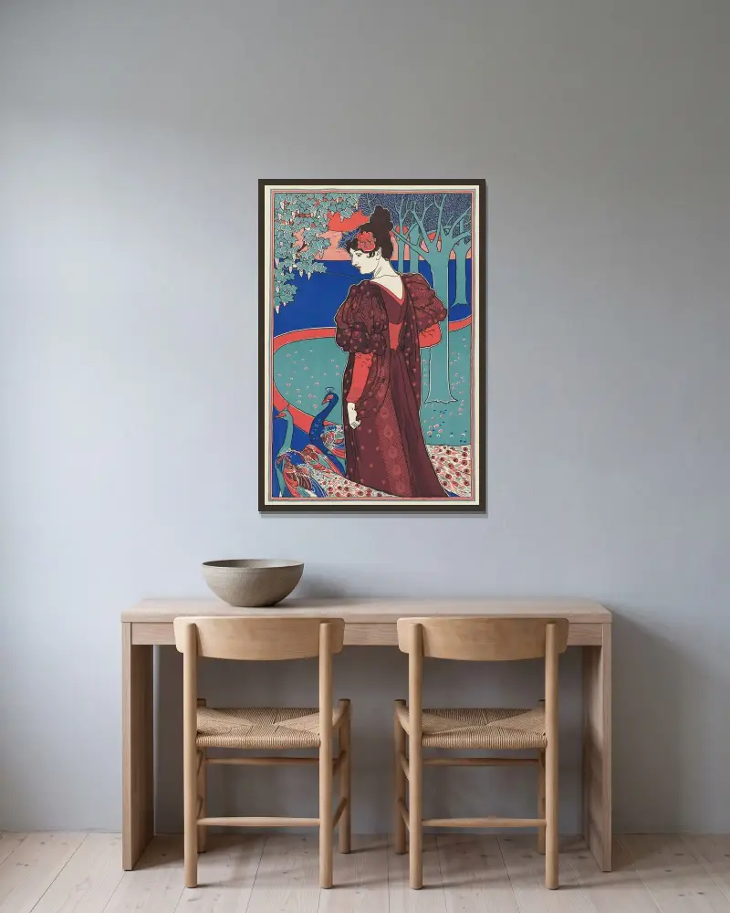 Frau mit Pfauen von Louis Rhead gerahmt an einer Wand