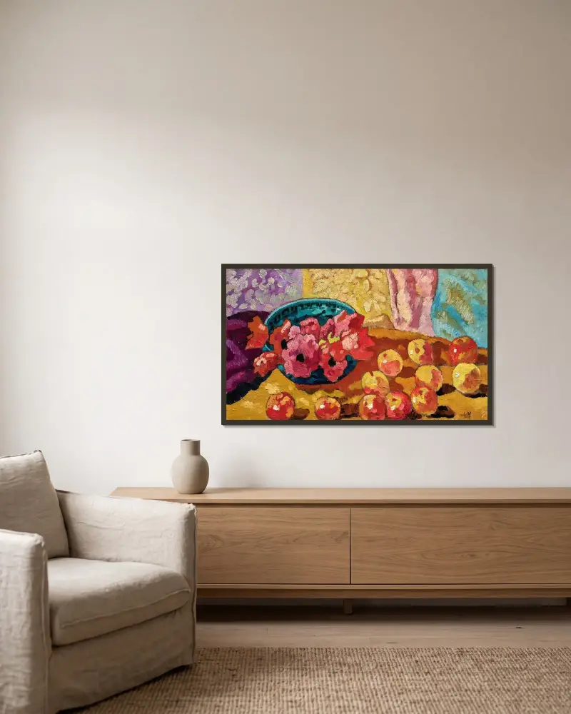 Anemoner och äpplen av Louis Valtat inramad på en vägg