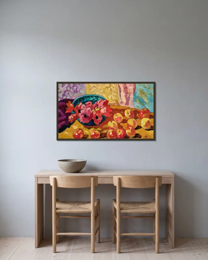 Anemoner och äpplen av Louis Valtat inramad på en vägg
