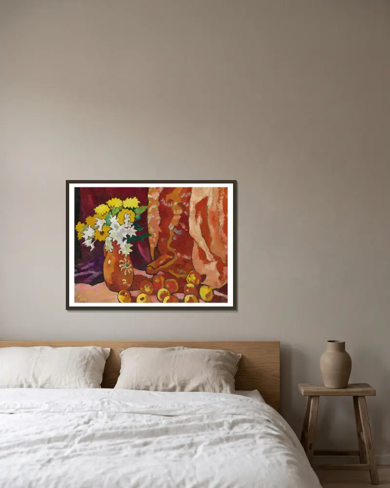 Bouquet à la cruche marron et aux pommes av Louis Valtat inramad på en vägg