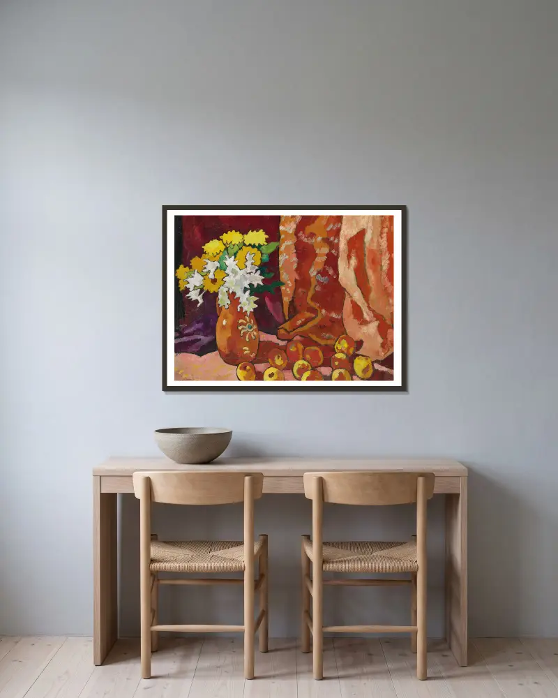 Bouquet à la cruche marron et aux pommes av Louis Valtat inramad på en vägg