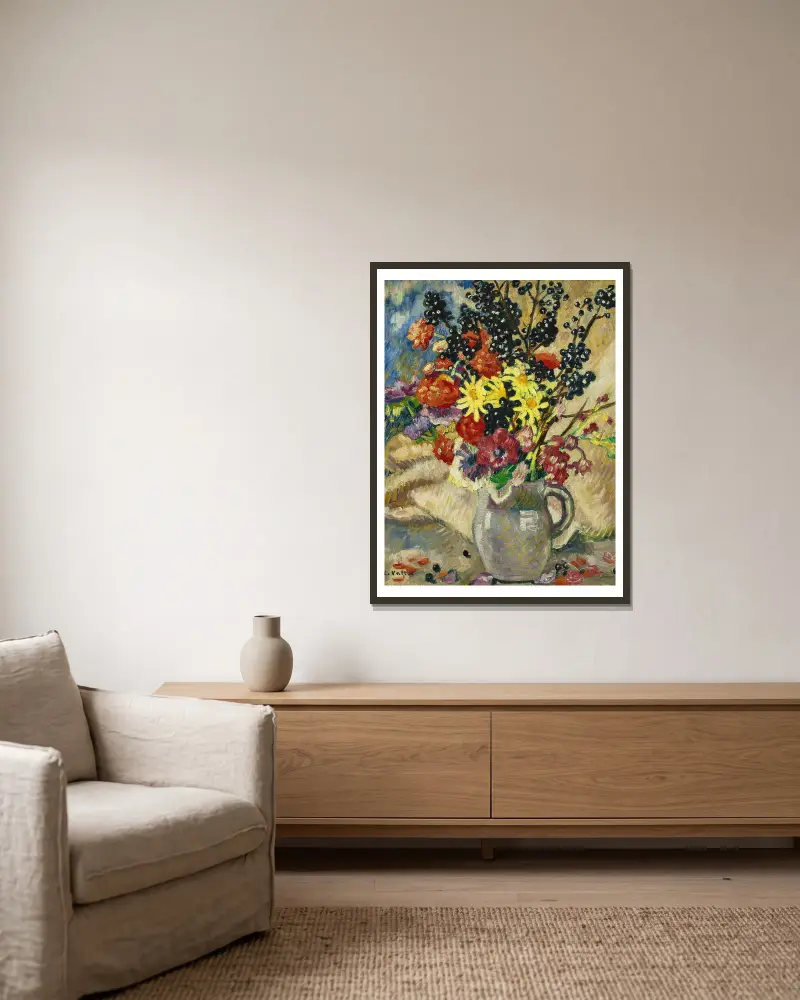 Bouquet aux branches de cassissier dans pichet brun av Louis Valtat inramad på en vägg