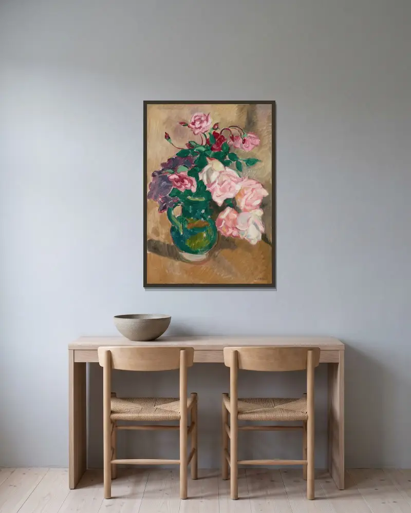 Rosenbukett med grön kruka av Louis Valtat inramad på en vägg