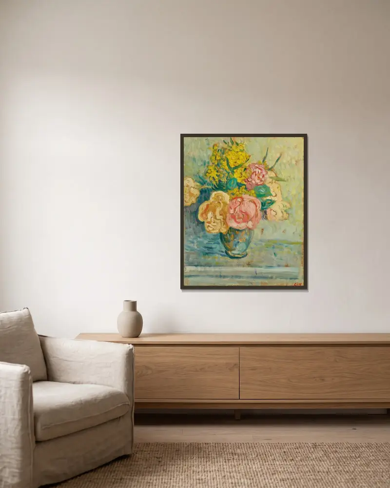 Bukett med rosor och mimosa av Louis Valtat inramad på en vägg