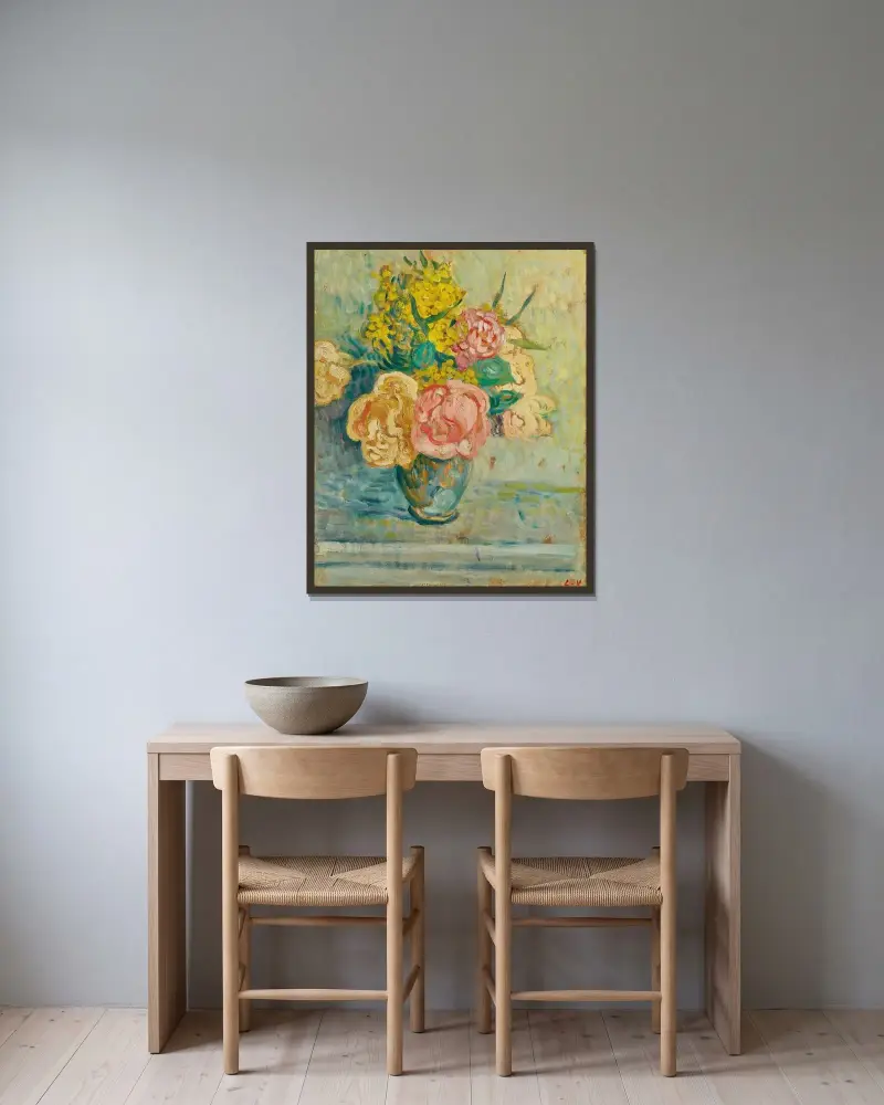 Bukett med rosor och mimosa av Louis Valtat inramad på en vägg