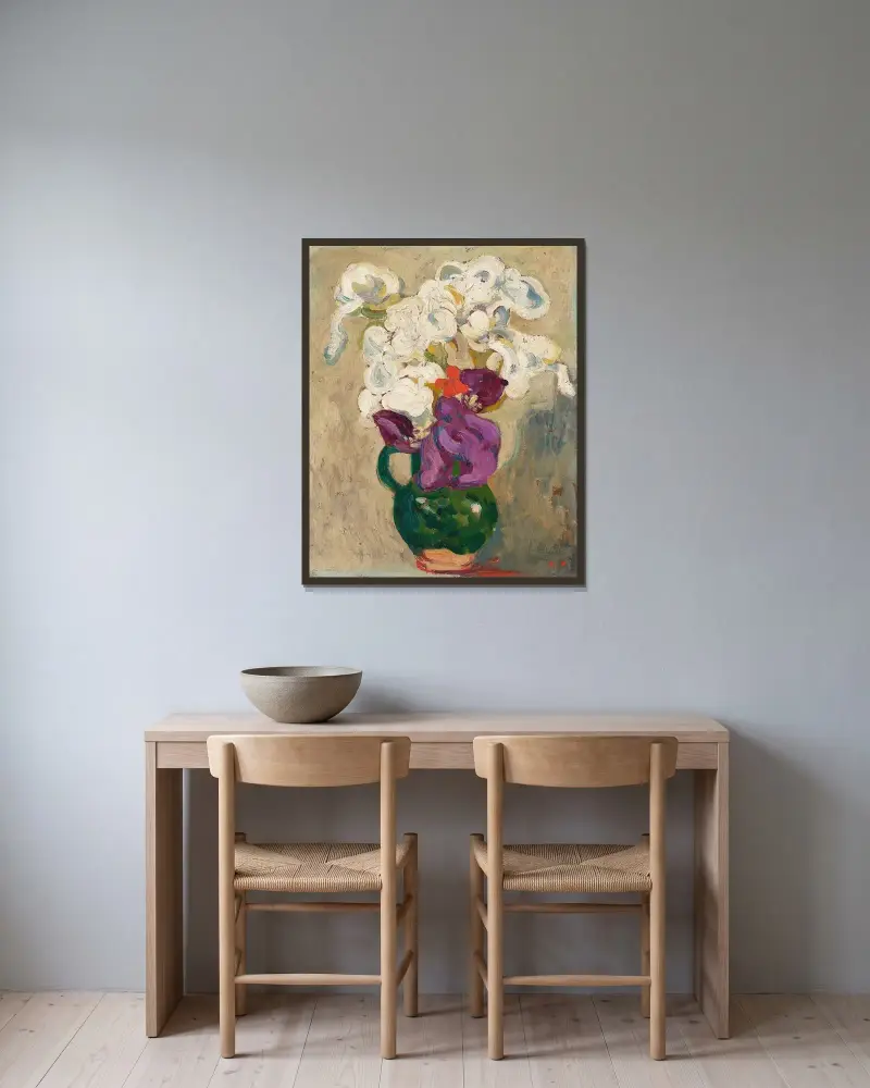 Irisbukett i grön kanna av Louis Valtat inramad på en vägg
