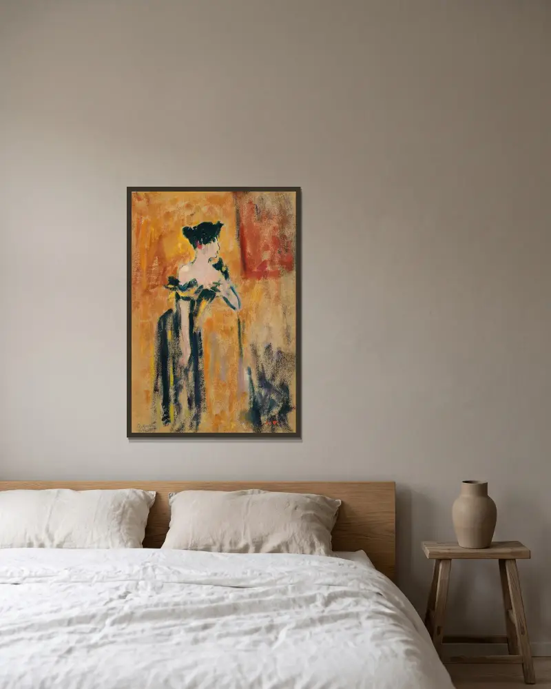 Brune i svart och gul klänning av Louis Valtat inramad på en vägg