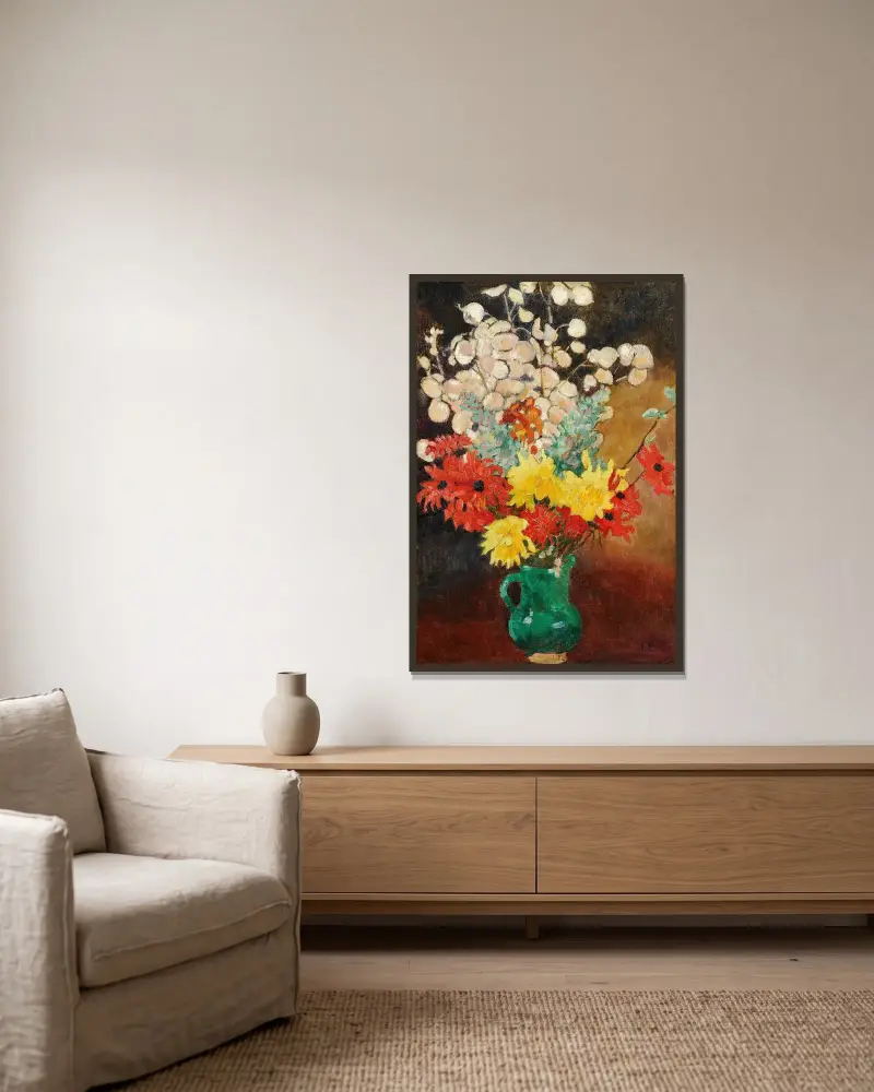 Grön kruka, dahlior och blommor av Louis Valtat inramad på en vägg