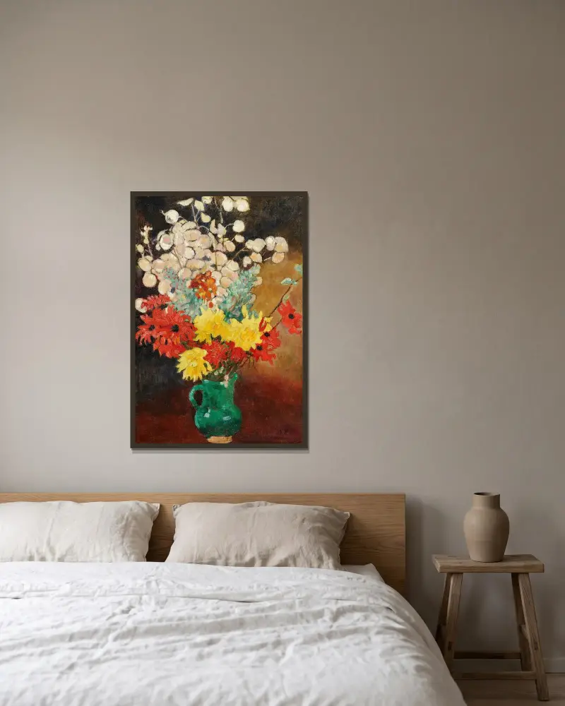 Grön kruka, dahlior och blommor av Louis Valtat inramad på en vägg