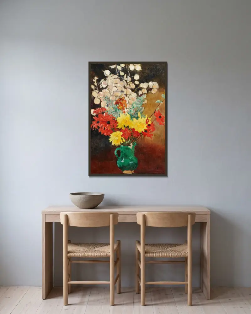 Grön kruka, dahlior och blommor av Louis Valtat inramad på en vägg