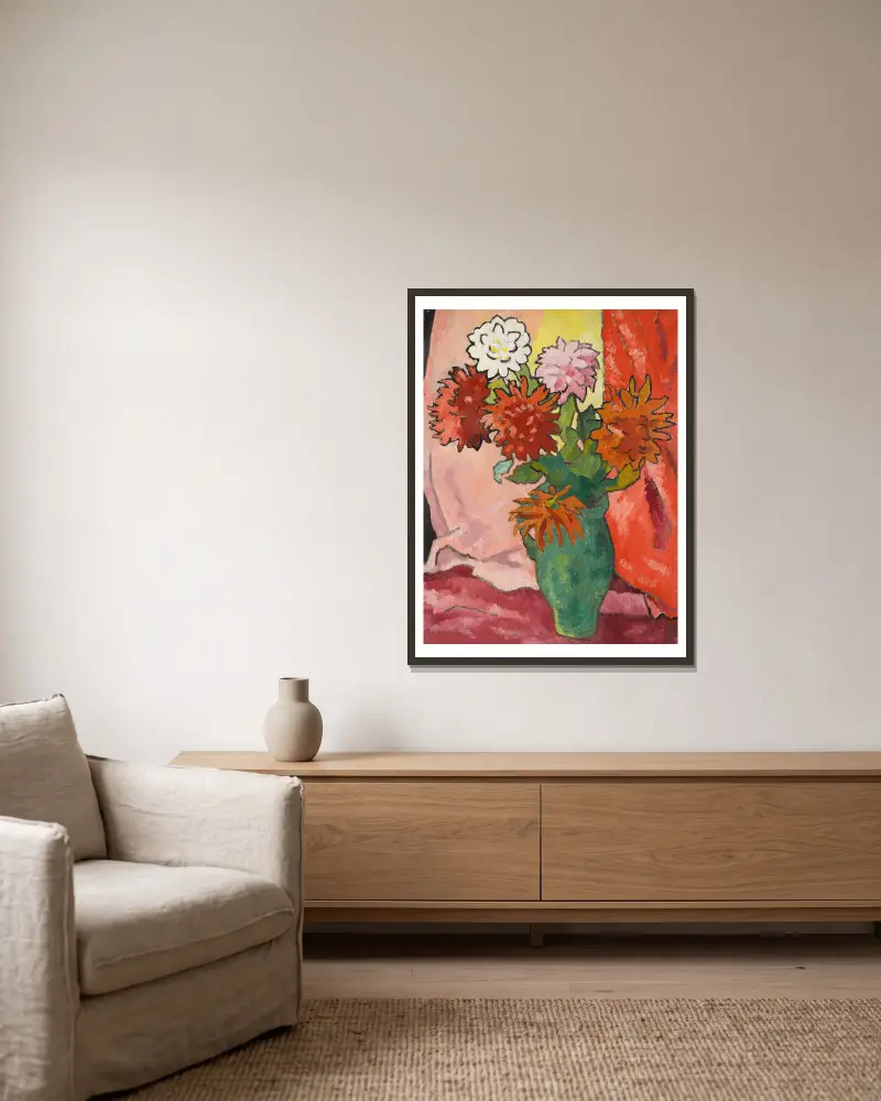 Dahlias, cruche verte av Louis Valtat inramad på en vägg