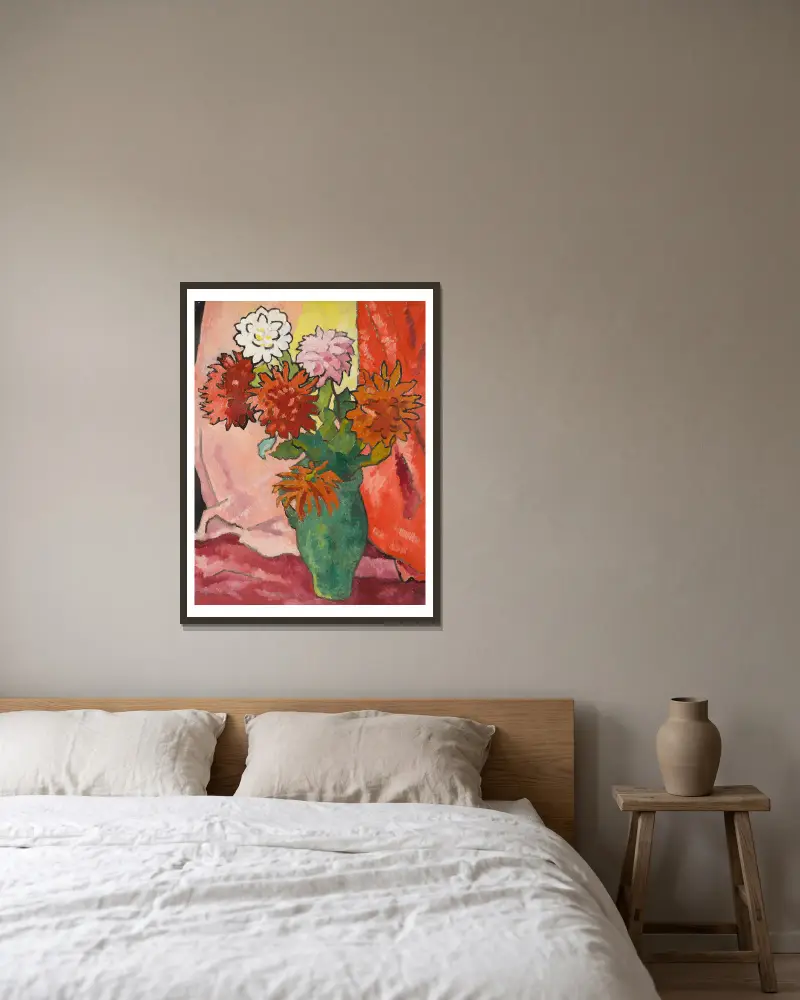 Dahlias, cruche verte av Louis Valtat inramad på en vägg