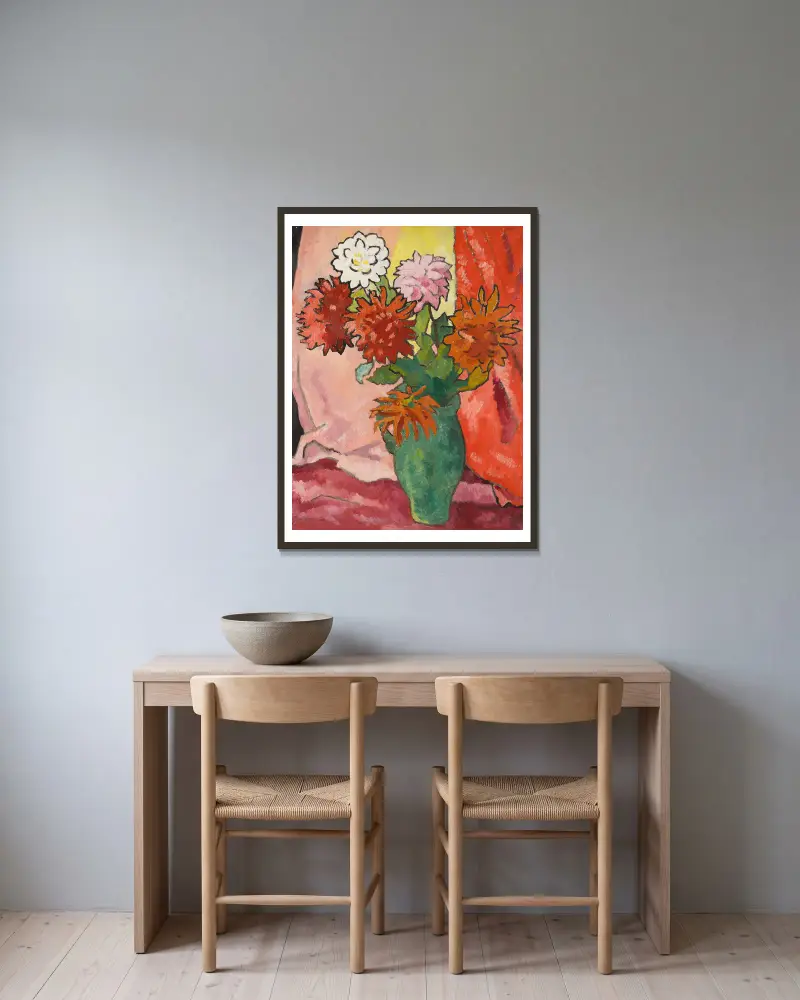 Dahlias, cruche verte av Louis Valtat inramad på en vägg