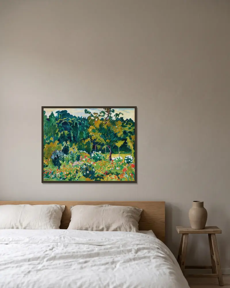 Blommande trädgård i Choisel av Louis Valtat inramad på en vägg