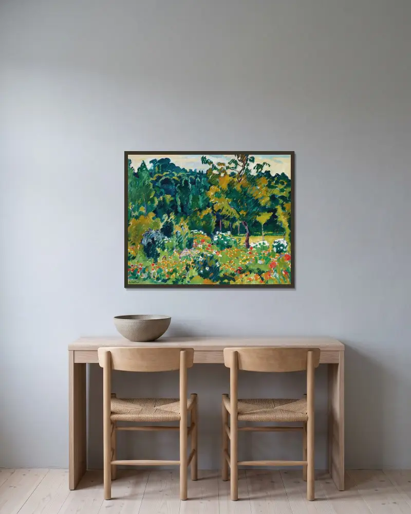 Blommande trädgård i Choisel av Louis Valtat inramad på en vägg