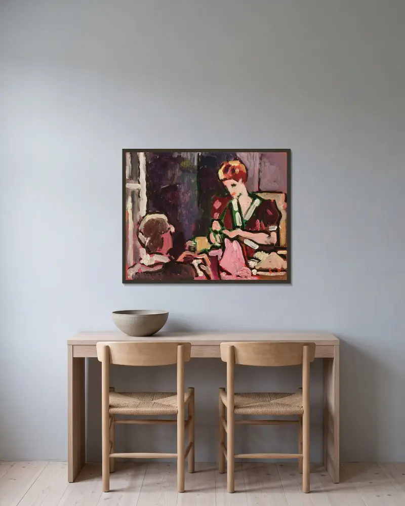Ung kvinna som syr av Louis Valtat inramad på en vägg