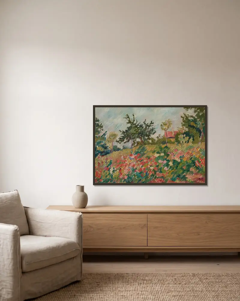 Huset i blomsterträdgården av Louis Valtat inramad på en vägg