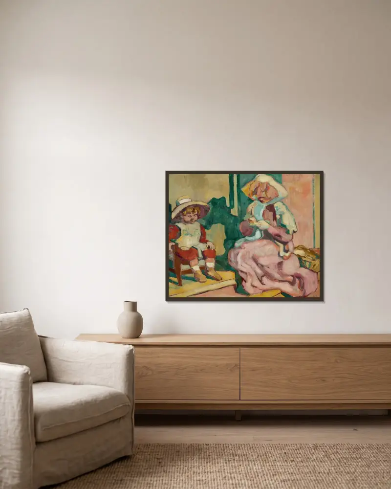 Modern som syr och barnet i fåtöljen av Louis Valtat inramad på en vägg