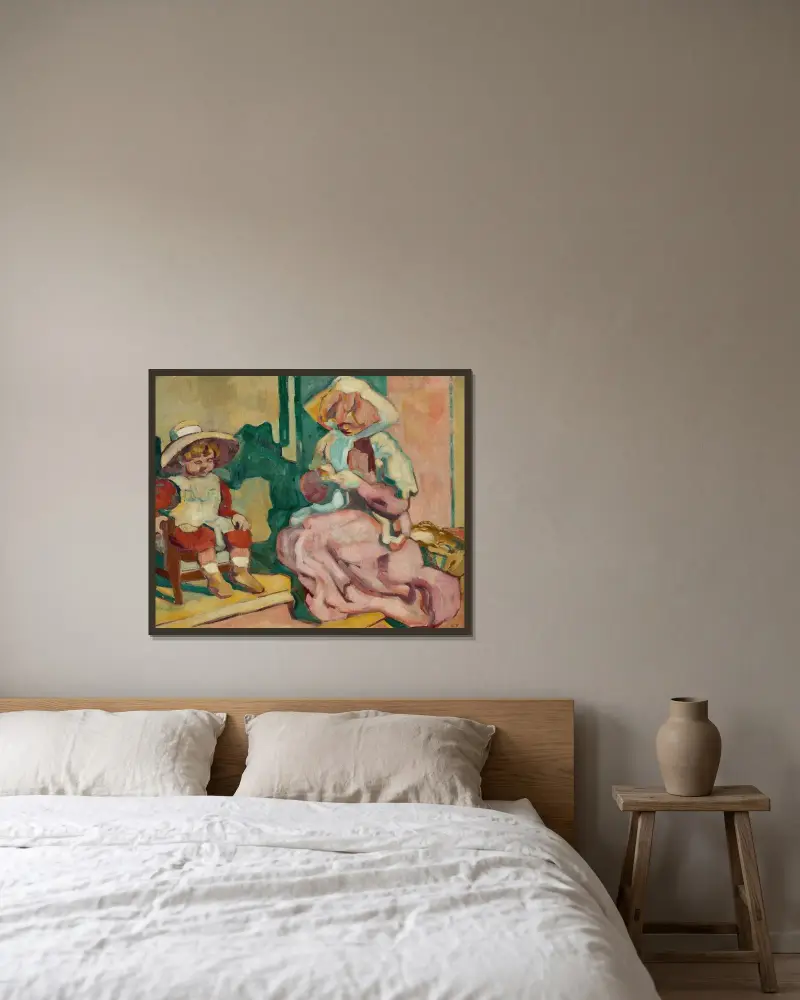 Modern som syr och barnet i fåtöljen av Louis Valtat inramad på en vägg