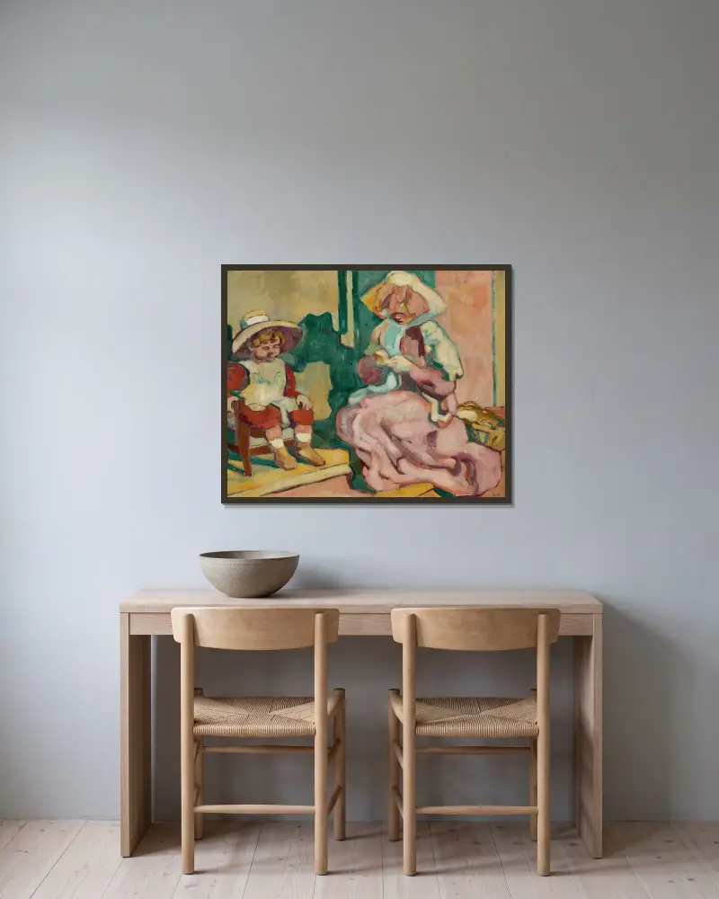 Modern som syr och barnet i fåtöljen av Louis Valtat inramad på en vägg