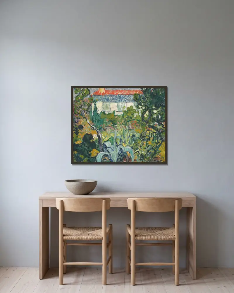Trädgården vid huset med rött tak av Louis Valtat inramad på en vägg