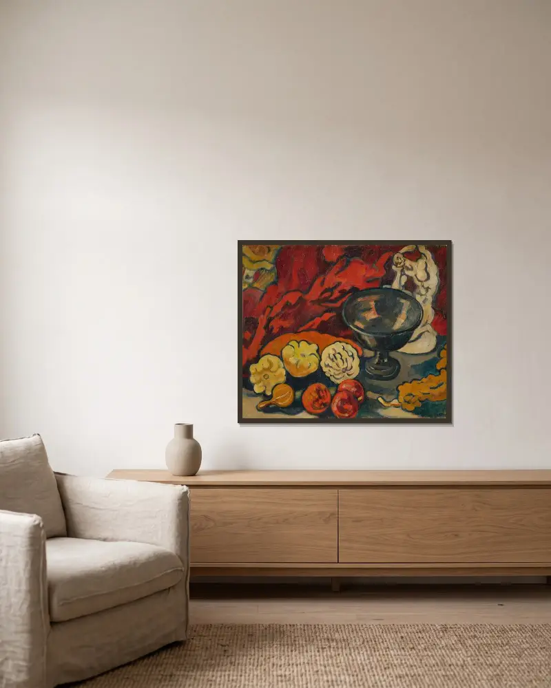 Stilleben med flaskkurbitsar av Louis Valtat inramad på en vägg