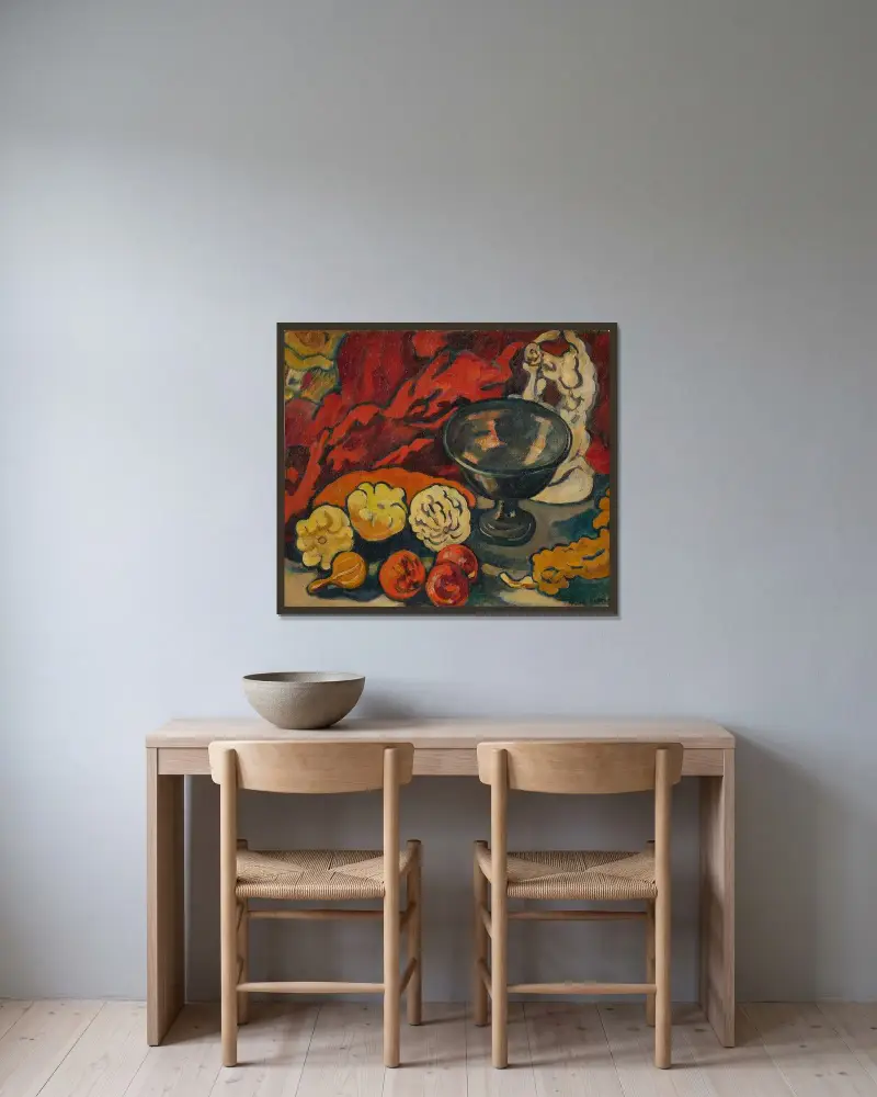 Stilleben med flaskkurbitsar av Louis Valtat inramad på en vägg