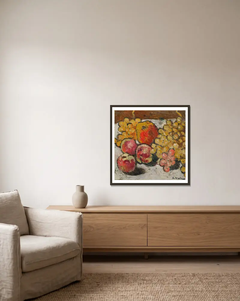 Pêches, pommes et raisins av Louis Valtat inramad på en vägg