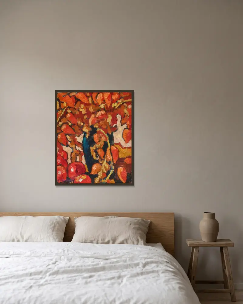 Physalis och äpplen av Louis Valtat inramad på en vägg