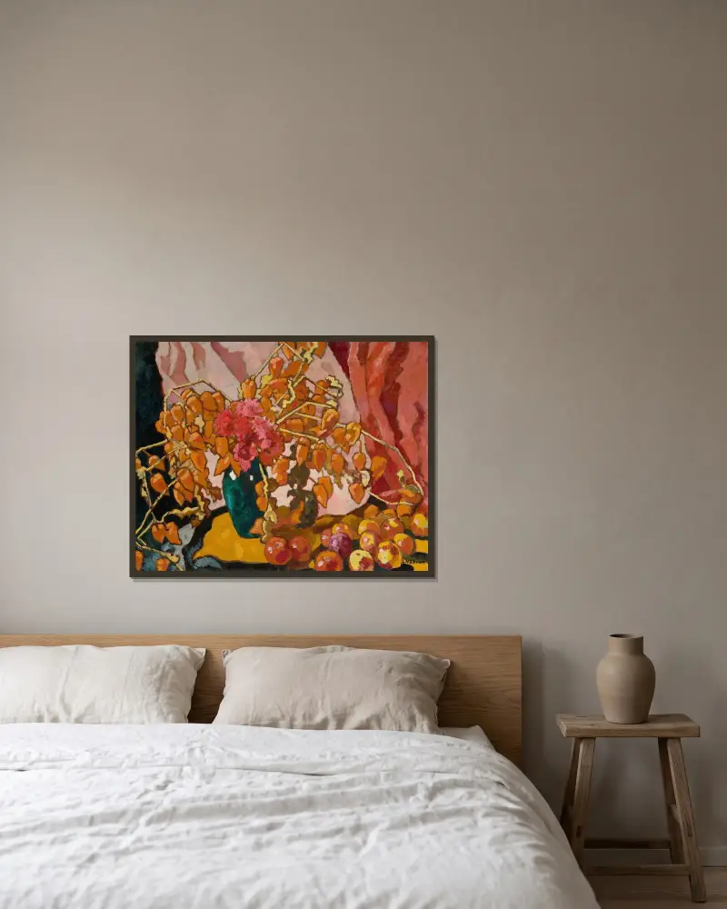 Physallis, blå vas och äpplen av Louis Valtat inramad på en vägg