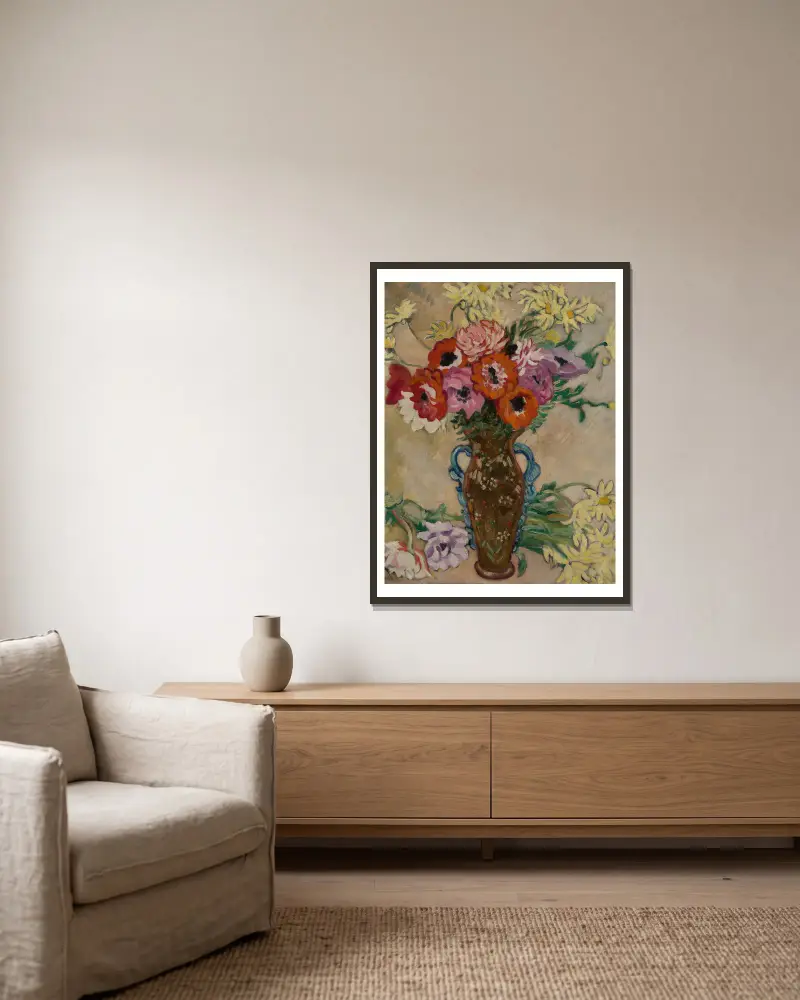 Vase décoré aux anémones et marguerites jaunes de savane av Louis Valtat inramad på en vägg