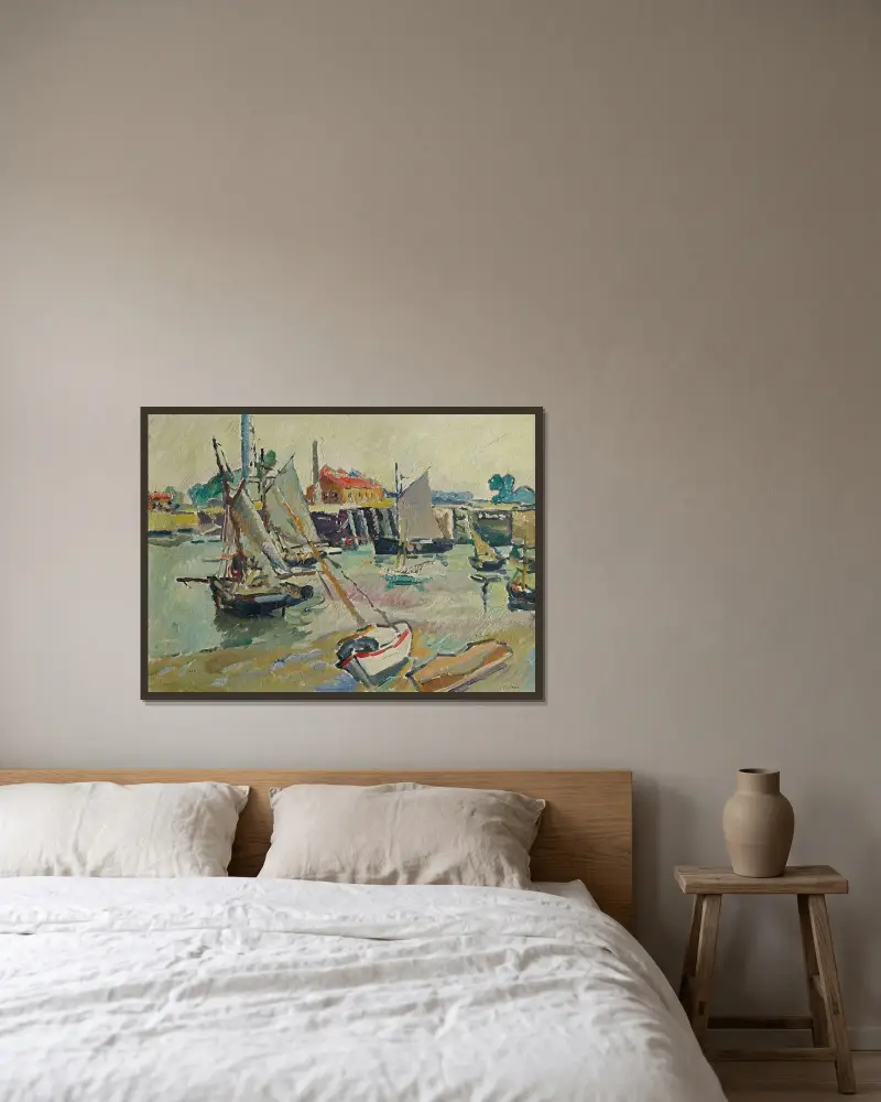 Segelbåtar i hamn vid ebb, Ouistreham av Louis Valtat inramad på en vägg