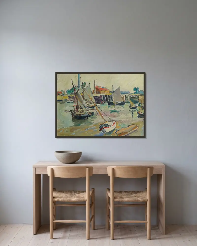 Segelbåtar i hamn vid ebb, Ouistreham av Louis Valtat inramad på en vägg