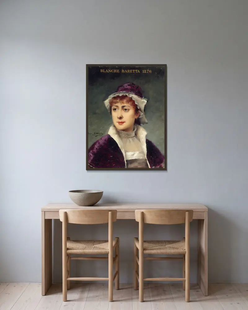 Porträtt av Blanche Baretta (1855–1939), medlem av Comédie-Française av Louise Abbéma inramad på en vägg