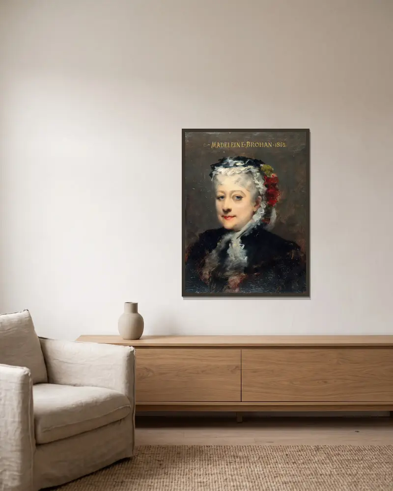 Portrait de Madeleine Brohant (1833-1900), sociétaire de la Comédie-Française av Louise Abbéma inramad på en vägg