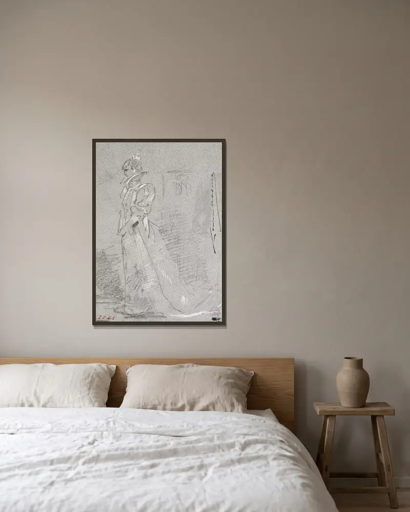 Portrait de Sarah Bernhardt en pied av Louise Abbéma inramad på en vägg