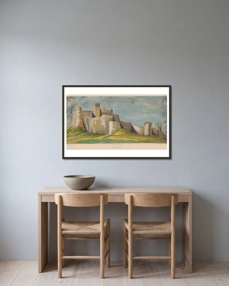 Spišský hrad av Louise Kotz inramad på en vägg