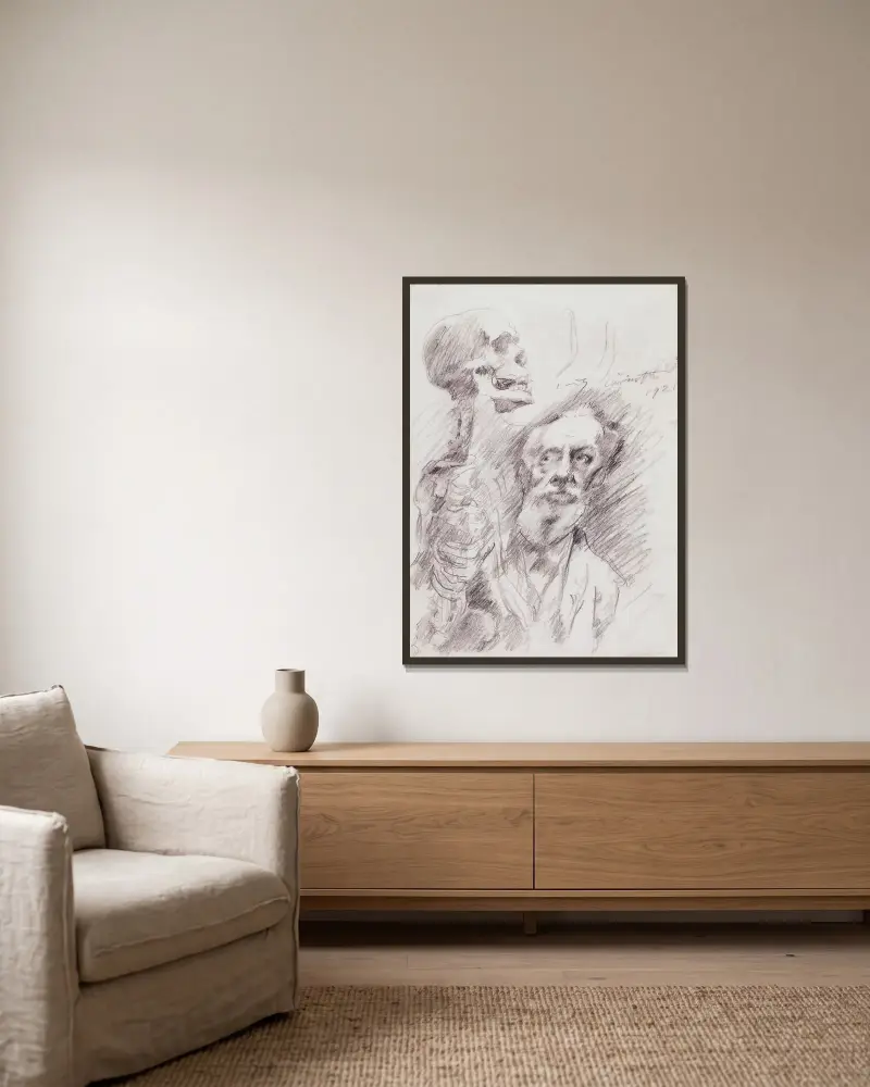 Anatom med skelett av Lovis Corinth inramad på en vägg