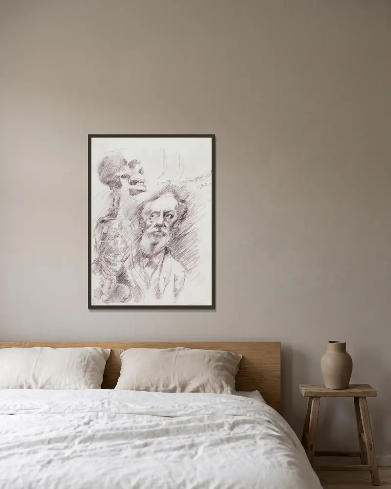 Anatom med skelett av Lovis Corinth inramad på en vägg